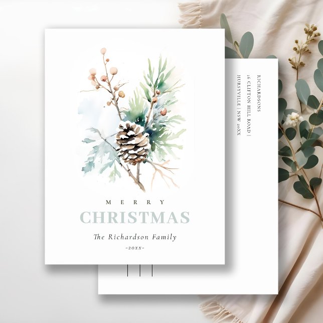 Pine Cone Watercolor Winter Berries Christmas Holiday Postcard (Creator Uploaded)
