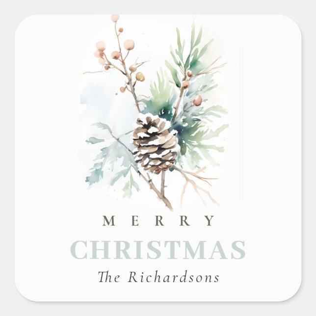 Pine Cone Watercolor Winter Berries Christmas Square Sticker (Front)