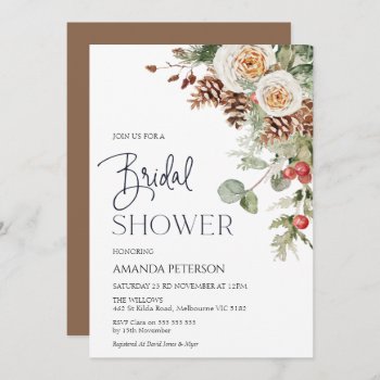 Pine Cone Winter Floral Bridal Shower Invitation by figtreedesign at Zazzle