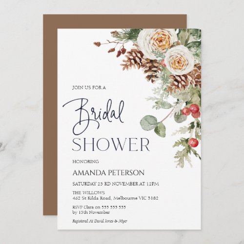 Pine Cone Winter Floral Bridal Shower Invitation