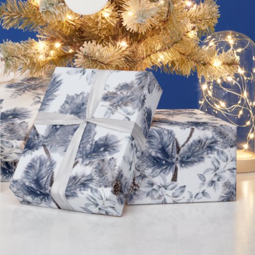 Pine cone winter snow tree dusty blue brown wrapping paper