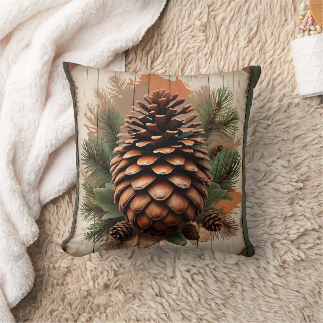 Pine cone with foliage and wood accents throw pillow (Blanket)