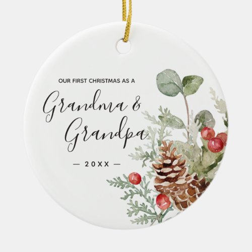 Pine Cone Wreath Grandma Grandpa First Christmas  Ceramic Ornament