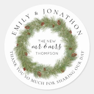 Pine Cone Wreath Names Christmas Wedding Thank You Classic Round Sticker