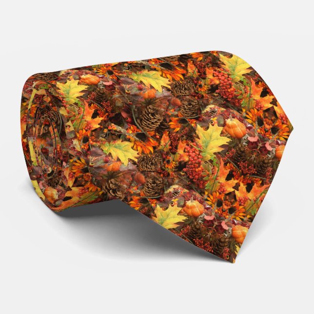 Pine Cones and Autumn Leaves Thanksgiving Neck Tie (Rolled)