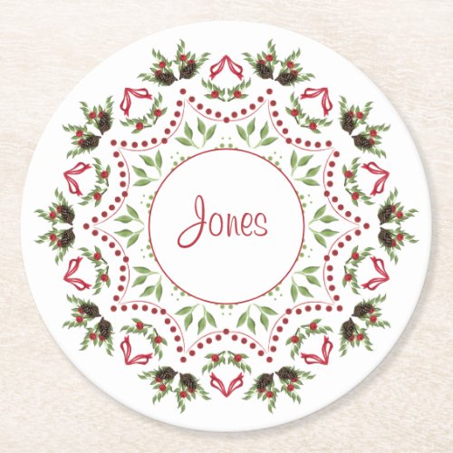 Pine cones and berries paper coaster personalized