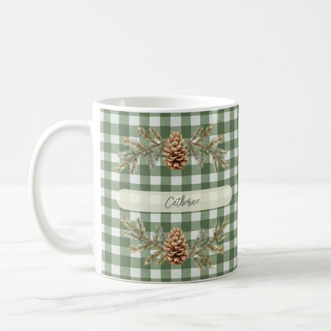 Pine Cones and Branches Personalized Gingham  Coffee Mug (Left)