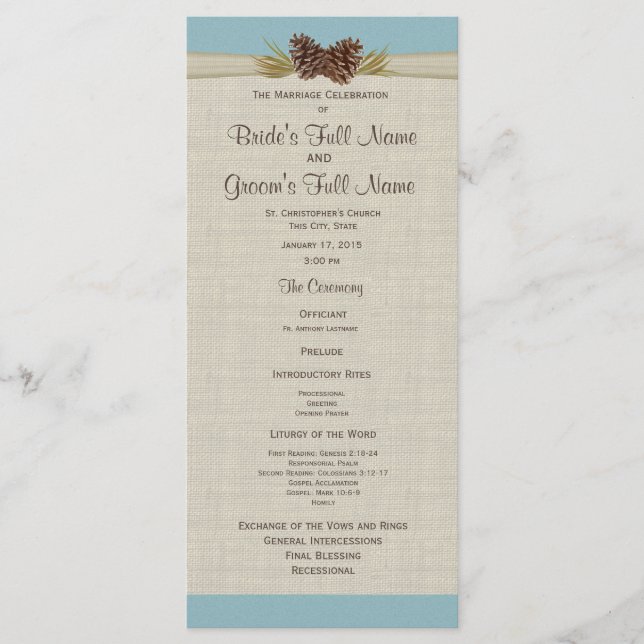 Pine Cones and Burlap Blue Wedding Program (Front)