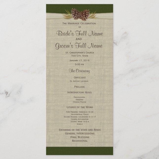 Pine Cones and Burlap Green Wedding Program (Front)