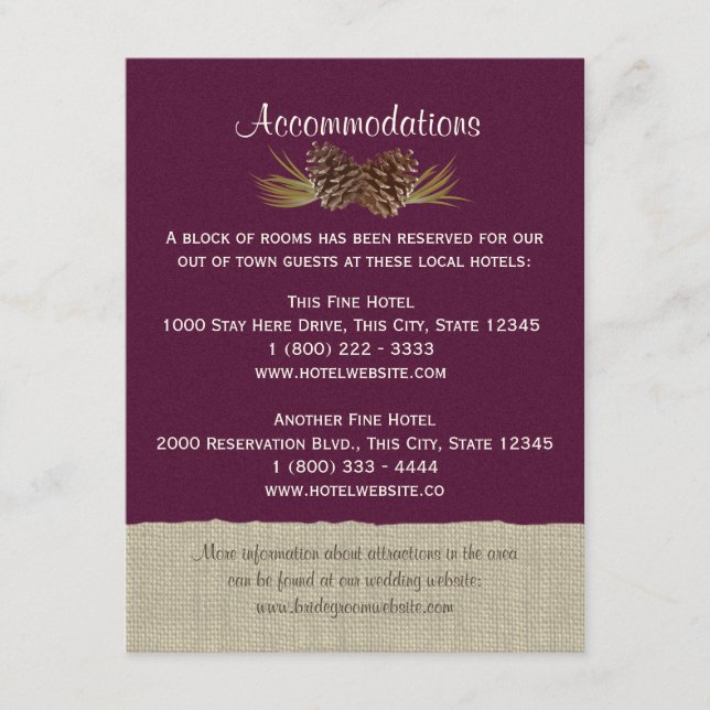 Pine Cones and Burlap Info Card Plum (Front)