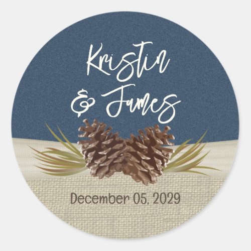 Pine Cones and Burlap Navy Blue Classic Round Stic Classic Round Sticker