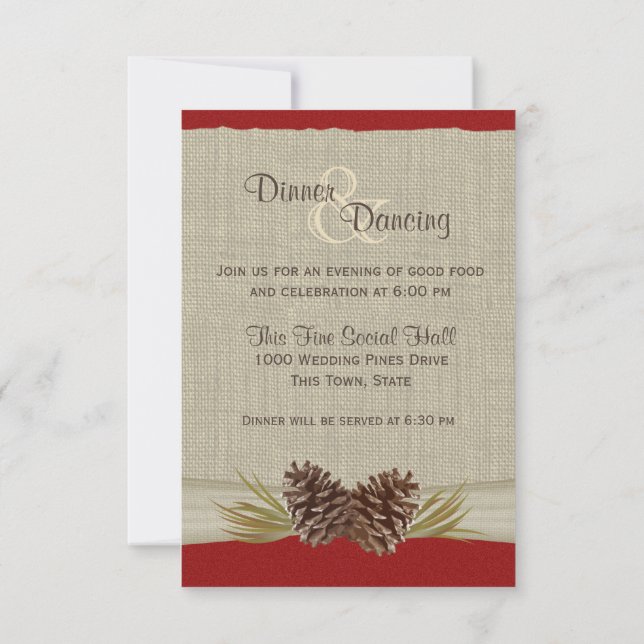 Pine Cones and Burlap Red Reception Invitation (Back)