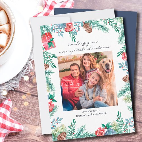 Pine Cones and Christmas Flowers Framed Photo Holiday Card