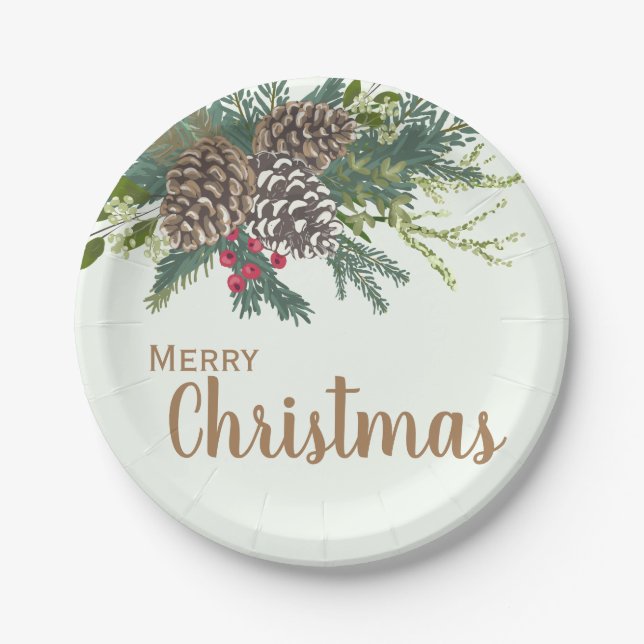 Pine cones and greenery Christmas Paper Plates (Front)