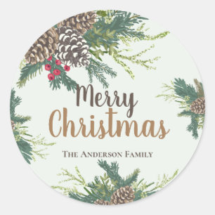 Pine cones and greenery merry christmas classic round sticker