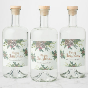Pine cones and greenery merry christmas liquor bottle label