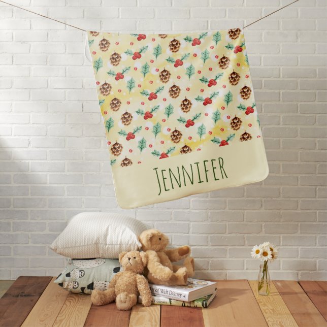 Pine Cones and Holly Christmas Pattern Baby Blanket (In Situ)
