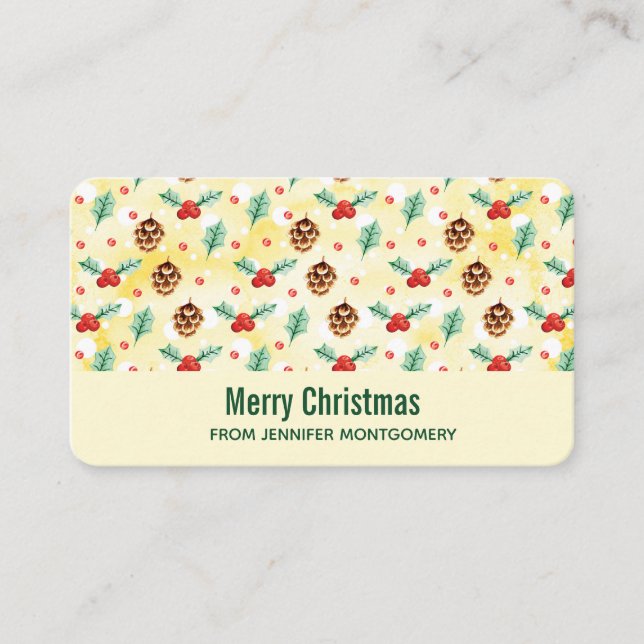 Pine Cones and Holly Christmas Pattern Business Card (Front)