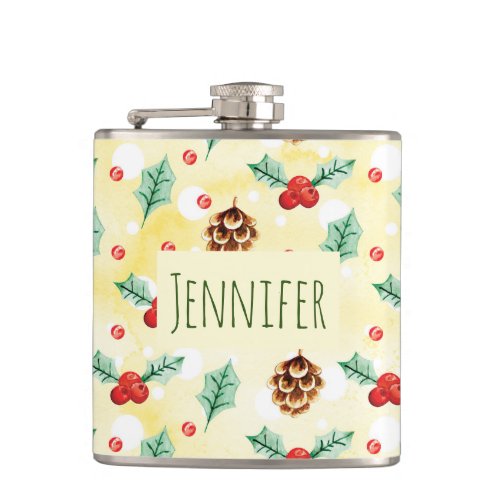 Pine Cones and Holly Christmas Pattern Flask