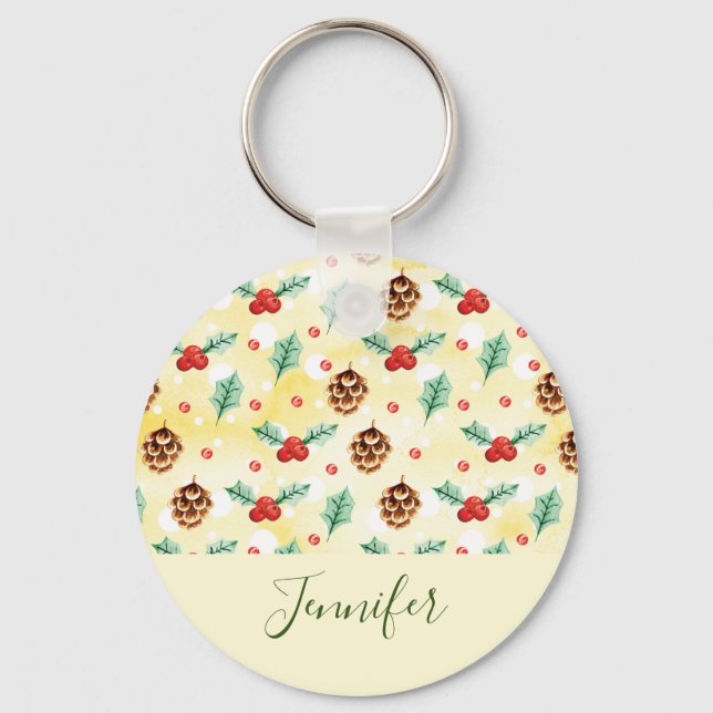 Pine Cones and Holly Christmas Pattern Keychain (Front)