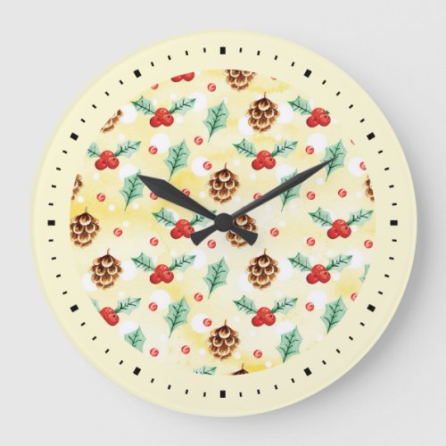 Pine Cones and Holly Christmas Pattern Large Clock