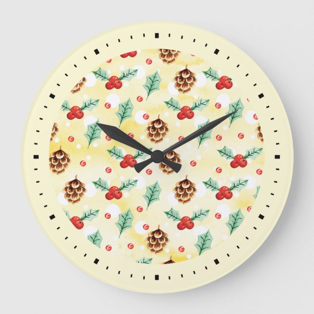 Pine Cones and Holly Christmas Pattern Large Clock (Front)