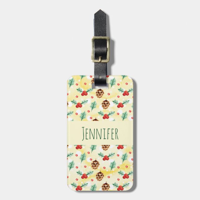 Pine Cones and Holly Christmas Pattern Luggage Tag (Front Vertical)
