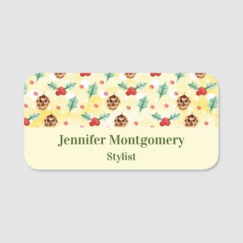 Pine Cones and Holly Christmas Pattern Name Tag