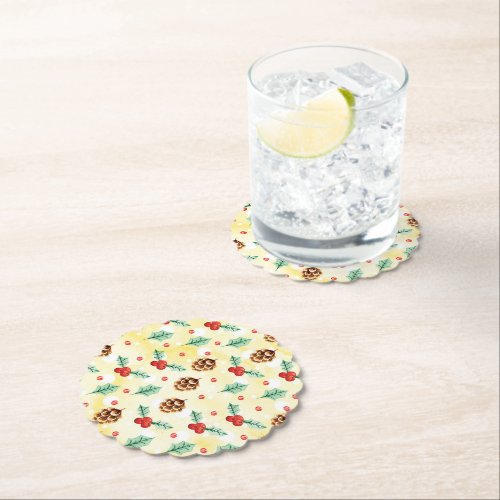 Pine Cones and Holly Christmas Pattern Paper Coaster