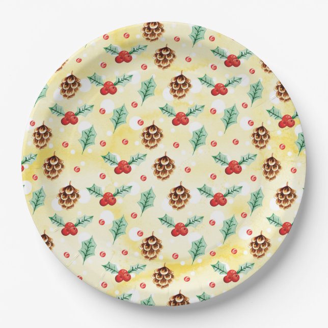 Pine Cones and Holly Christmas Pattern Paper Plates (Front)