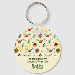 Pine Cones and Holly Christmas Pattern Party Favor Keychain