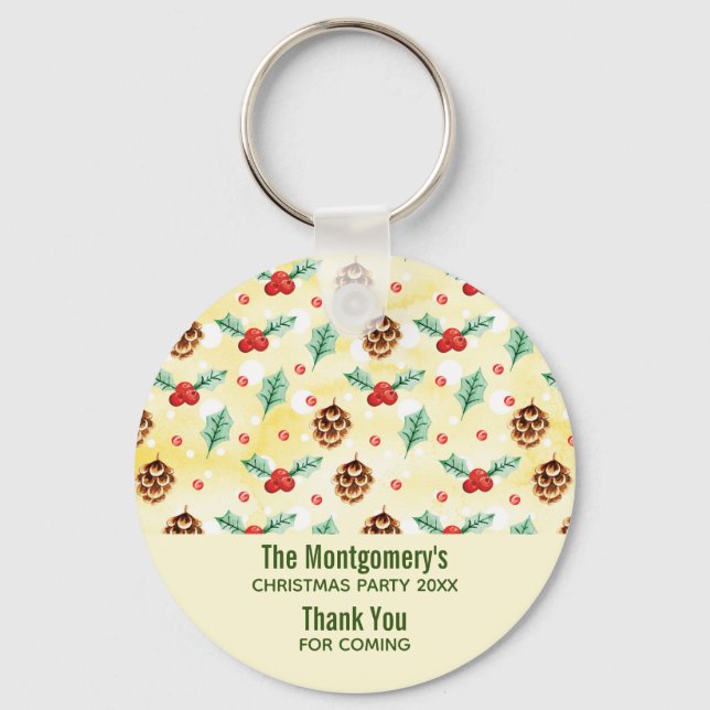 Pine Cones and Holly Christmas Pattern Party Favor Keychain (Front)