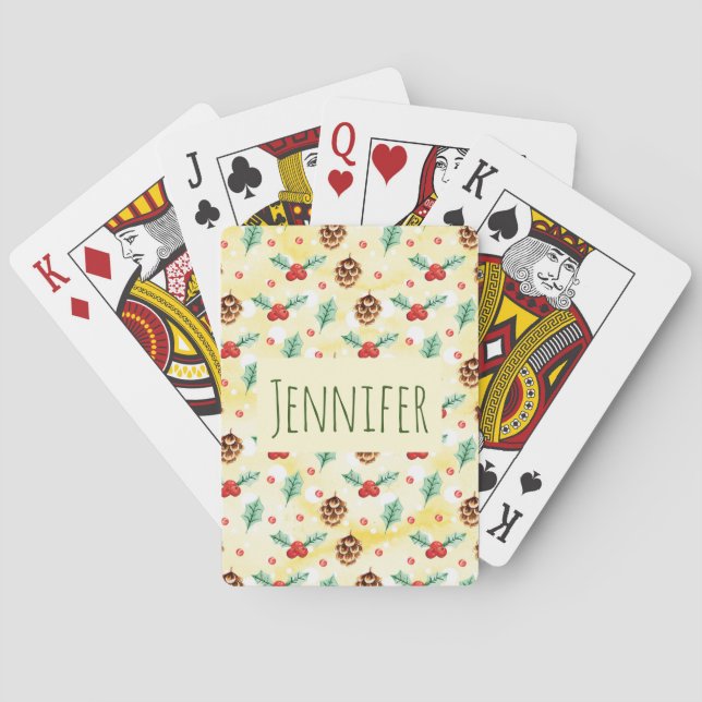 Pine Cones and Holly Christmas Pattern Poker Cards (Back)