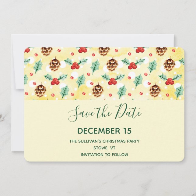Pine Cones and Holly Christmas Pattern Save The Date (Front)