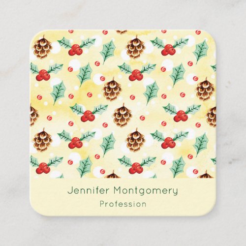 Pine Cones and Holly Christmas Pattern Square Business Card