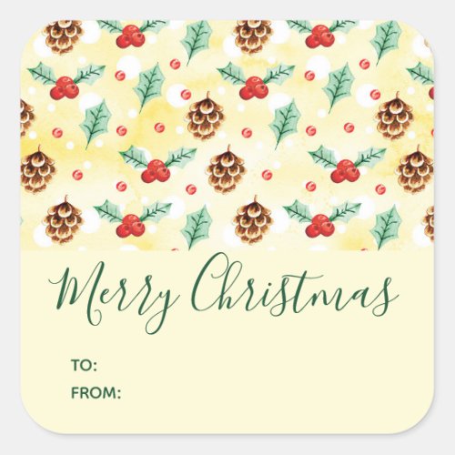 Pine Cones and Holly Christmas Pattern Square Sticker