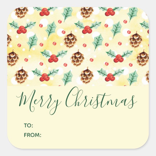 Pine Cones and Holly Christmas Pattern Square Sticker (Front)