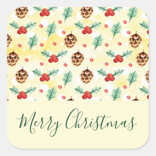 Pine Cones and Holly Christmas Pattern Square Sticker