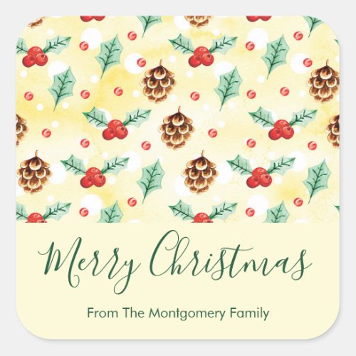 Pine Cones and Holly Christmas Pattern Square Sticker