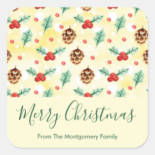 Pine Cones and Holly Christmas Pattern Square Sticker