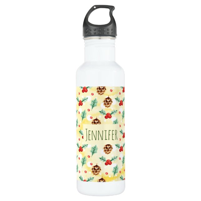 Pine Cones and Holly Christmas Pattern Stainless Steel Water Bottle (Front)