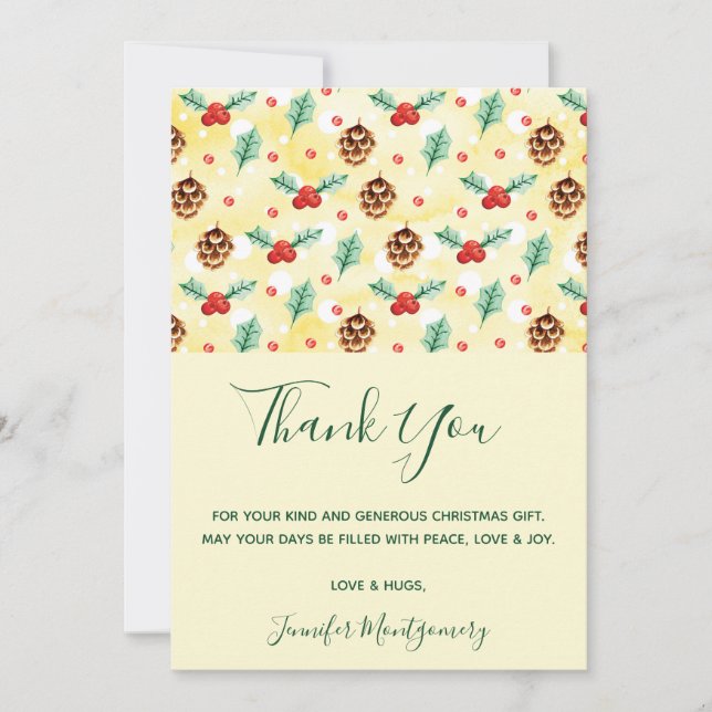 Pine Cones and Holly Christmas Pattern Thank You Card (Front)