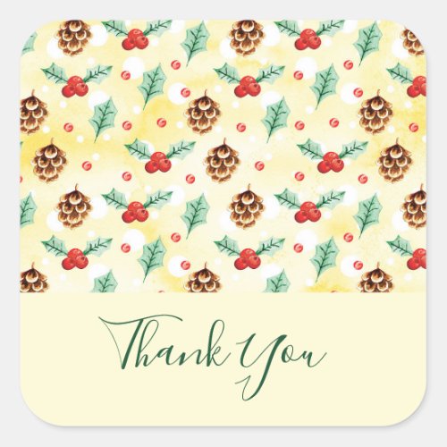 Pine Cones and Holly Christmas Pattern Thank You Square Sticker