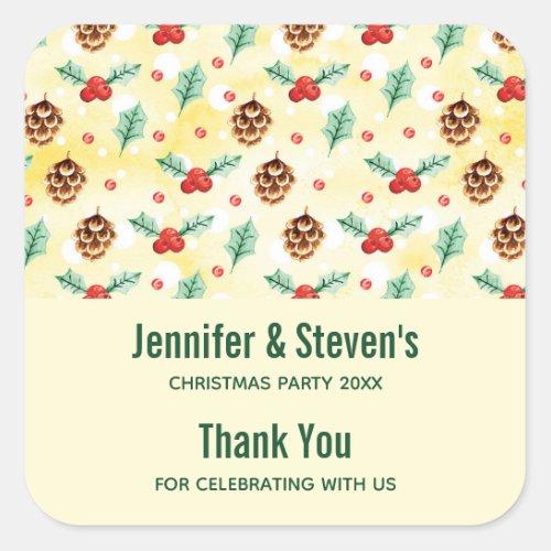 Pine Cones and Holly Christmas Pattern Thank You Square Sticker