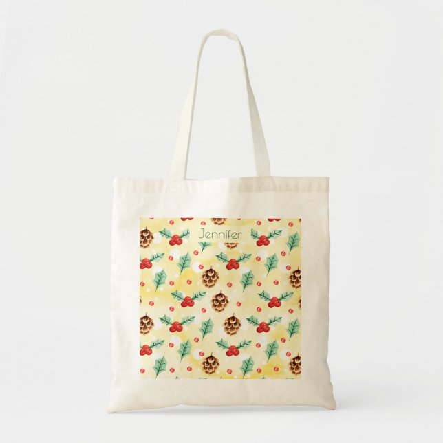  Pine Cones and Holly Christmas Pattern Tote Bag (Front)