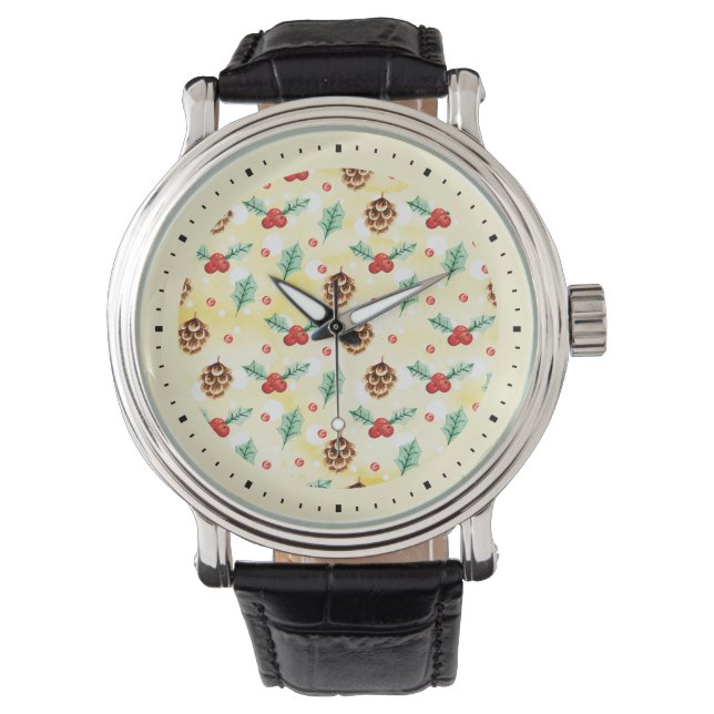 Pine Cones and Holly Christmas Pattern Watch (Front)