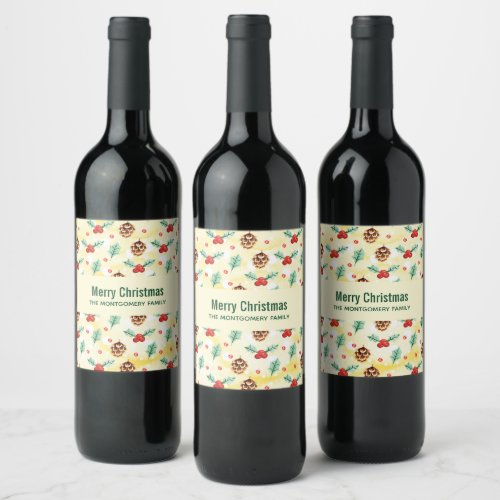 Pine Cones and Holly Christmas Pattern Wine Label