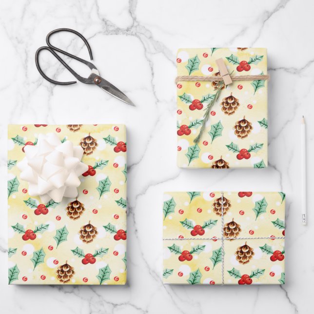 Pine Cones and Holly Christmas Pattern Wrapping Paper Sheets (Front)