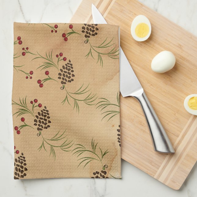 Pine Cones and Holly Kitchen Towels (Quarter Fold)