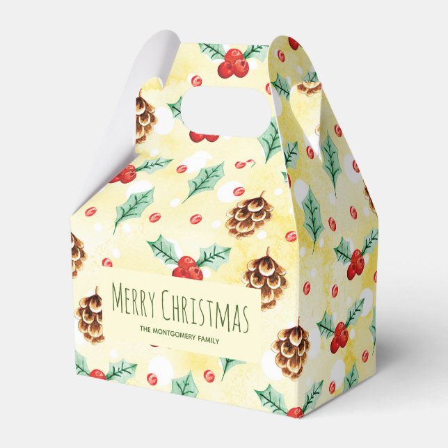 Pine Cones and Holly Pattern Christmas  Favor Boxes (Front Side)